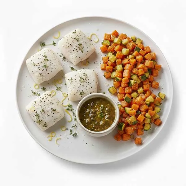 Thyme Citrus Fish With Zucchini, Glazed Carrot & Caper Butter Sauce